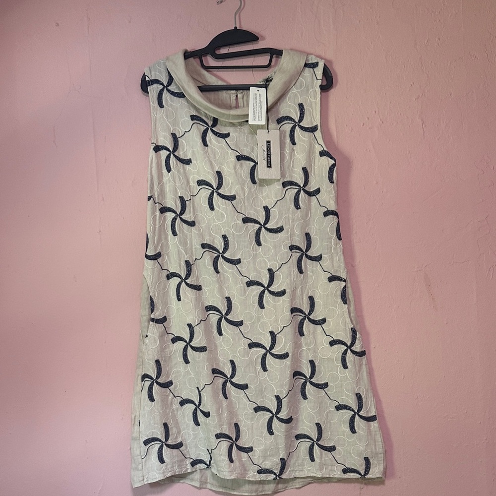 Elegant Cream and Dark Blue  Patterned Mini Dress